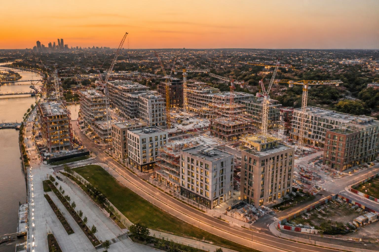 Aerial view of a large-scale urban reconstruction site at dusk